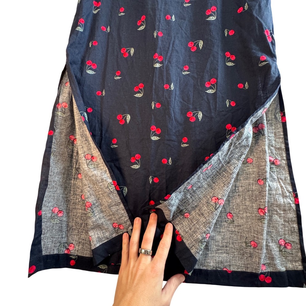 Gap Navy Cherry Print Linen Blend Maxi Skirt Pull On Side Slit S Cottagecore - Picture 8 of 8